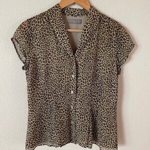 Kate Hill Silk Animal Print Cap Short‎ Sleeve Button Down Blouse Size 4P